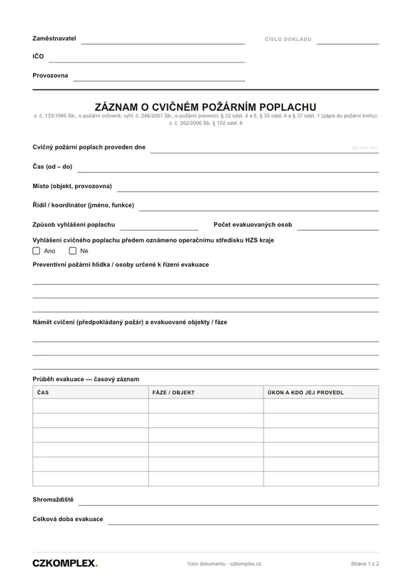Náhled první strany: Záznam o cvičném požárním poplachu