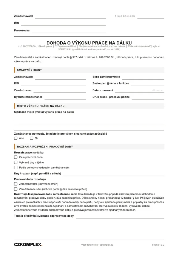 Náhled první strany: Dohoda o práci na dálku (home office)