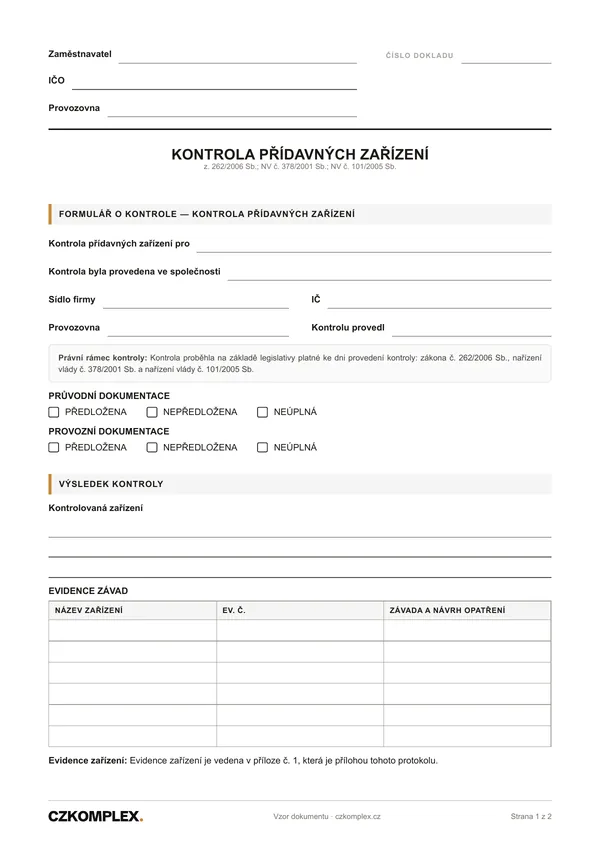 Náhled první strany: Kontrola přídavných zařízení