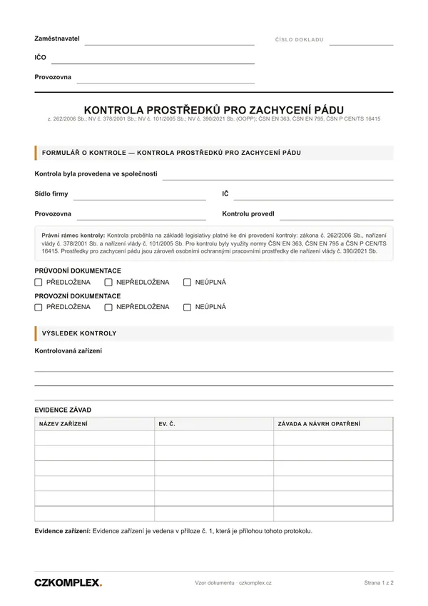 Náhled první strany: Kontrola prostředků pro zachycení pádu