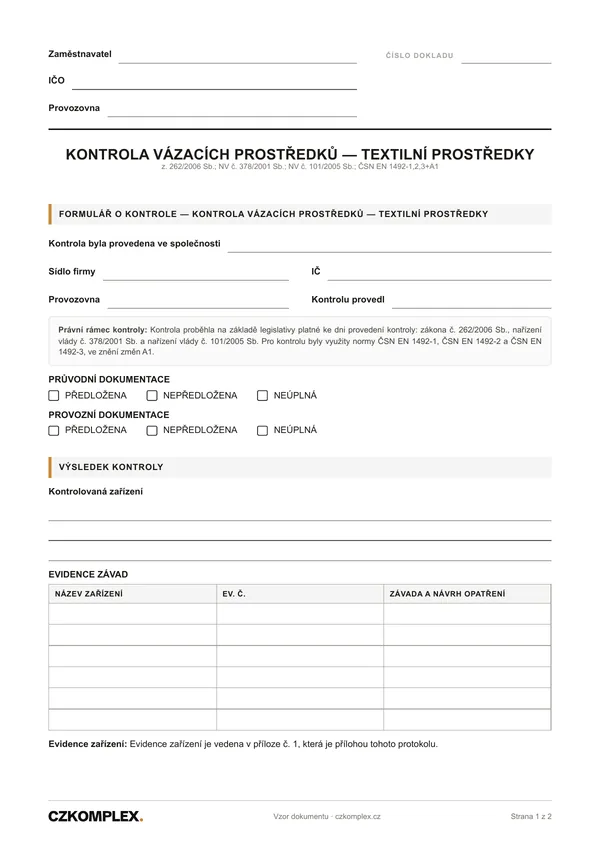 Náhled první strany: Kontrola textilních vázacích prostředků
