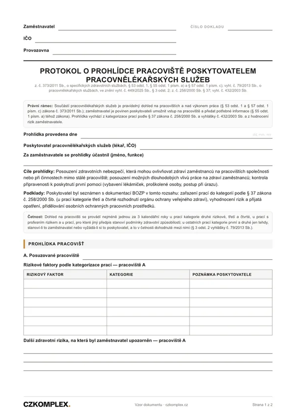 Náhled první strany: Protokol o prohlídce pracoviště lékařem (PLS)