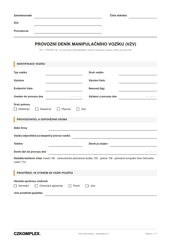 Náhled první strany: Provozní deník manipulačního vozíku (VZV)