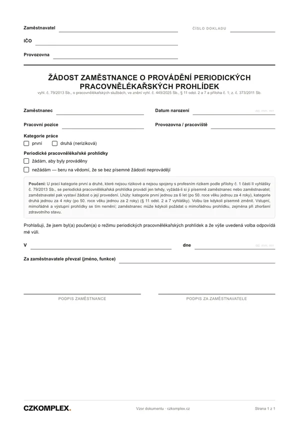 Náhled první strany: Žádost zaměstnance o periodickou prohlídku