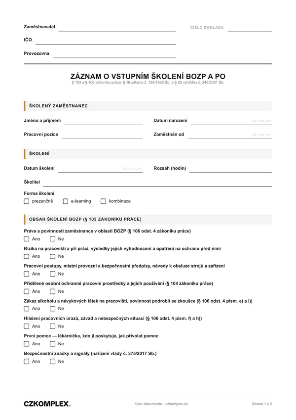 Náhled první strany: Záznam o vstupním školení BOZP a PO