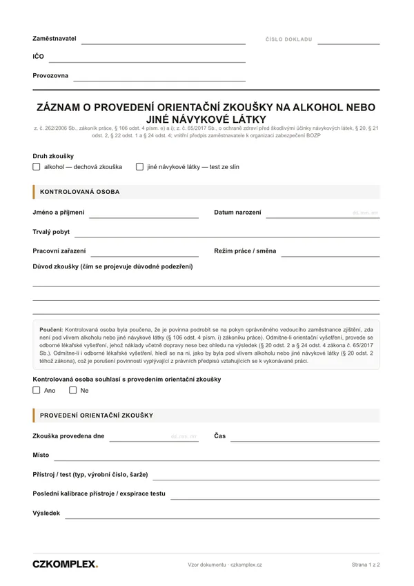 Náhled první strany: Záznam o zkoušce na alkohol a návykové látky